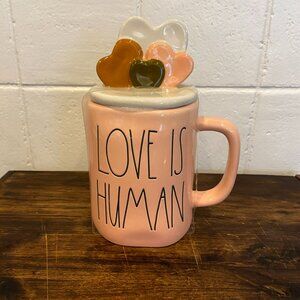 NEW Rae Dunn LOVE IS HUMAN Pink Mug with Multicolor Heart Topper Ceramic